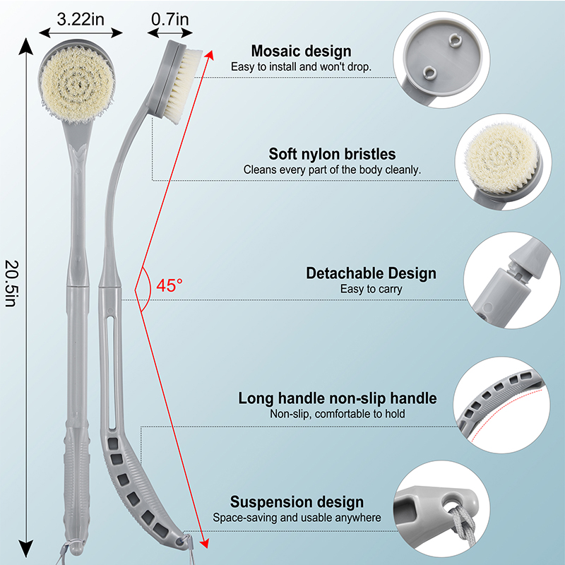 Btideas Back Brush Long Handle for Shower, 20.5” Bath Brush, Removable Back Scrubber Body Exfoliator