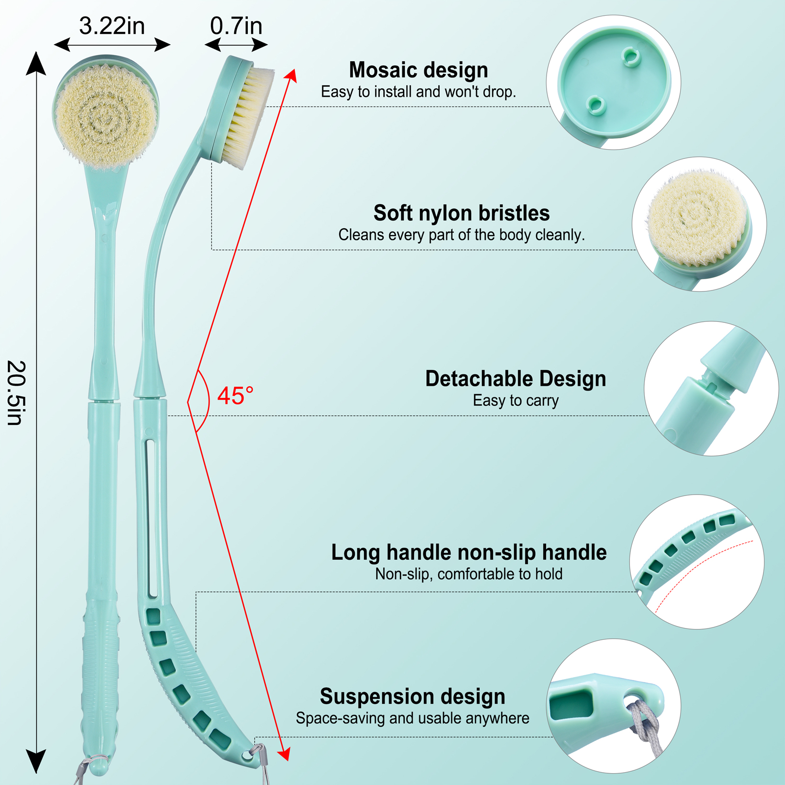 BTideas Back Brush Long Handle for Shower, 20.5” Back Scrubber, Shower Brush, Exfoliating Brush