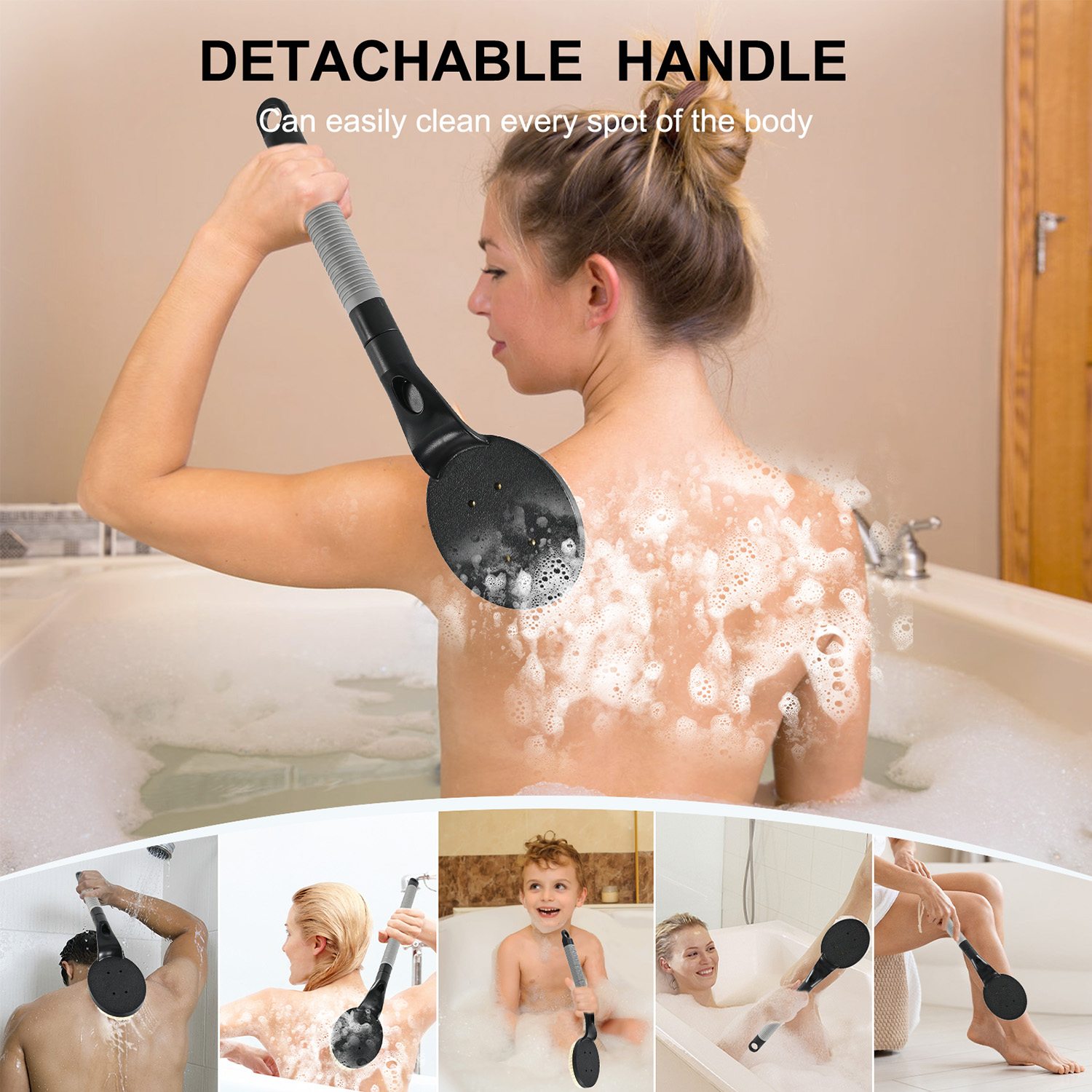 BTideas Long Handle Back Bath Brush, 21.6" Back Scrubber for Shower, Shower Brush for Body, Grey