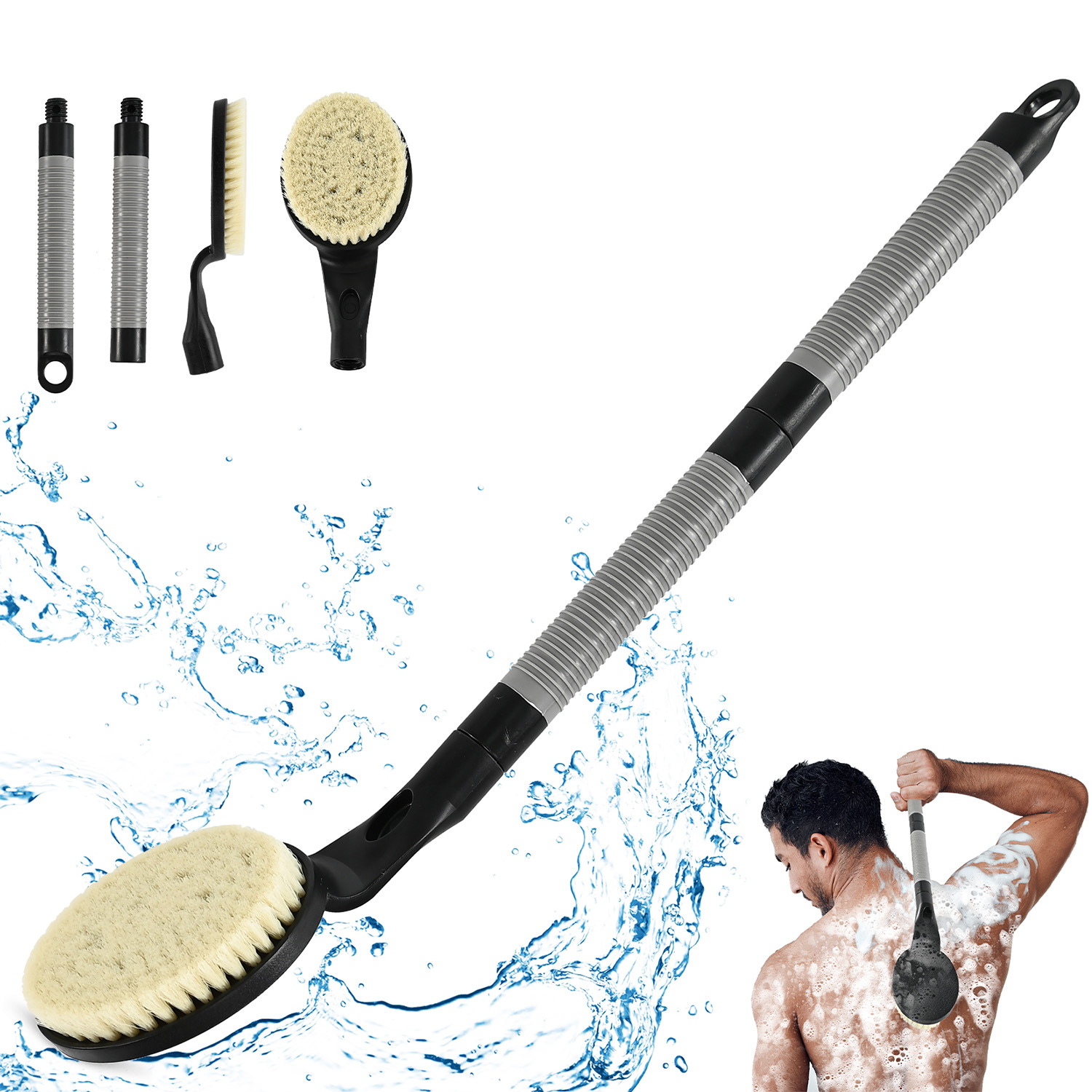 BTideas Long Handle Back Bath Brush, 21.6" Back Scrubber for Shower, Shower Brush for Body, Grey