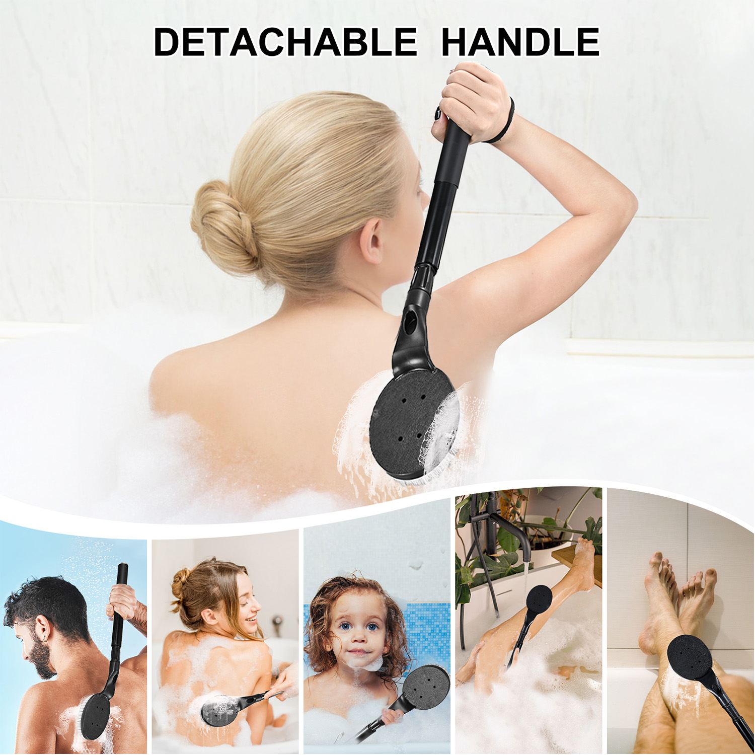 BTideas Retractable Back Brush, 25.7" Back Scrubber for Shower, Long Handle Back Bath Brush, Grey