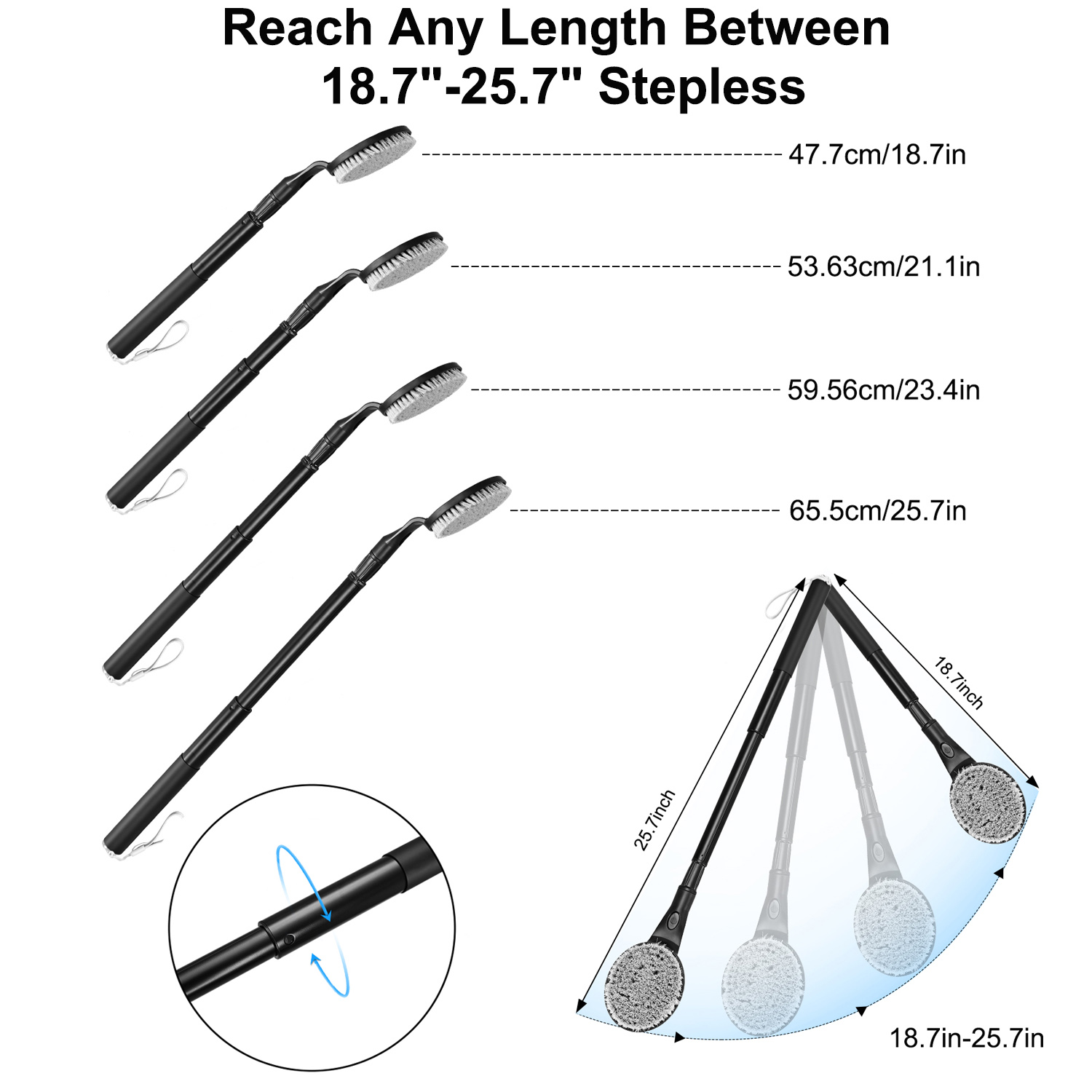 BTideas Retractable Back Brush, 25.7" Back Scrubber for Shower, Long Handle Back Bath Brush, Grey