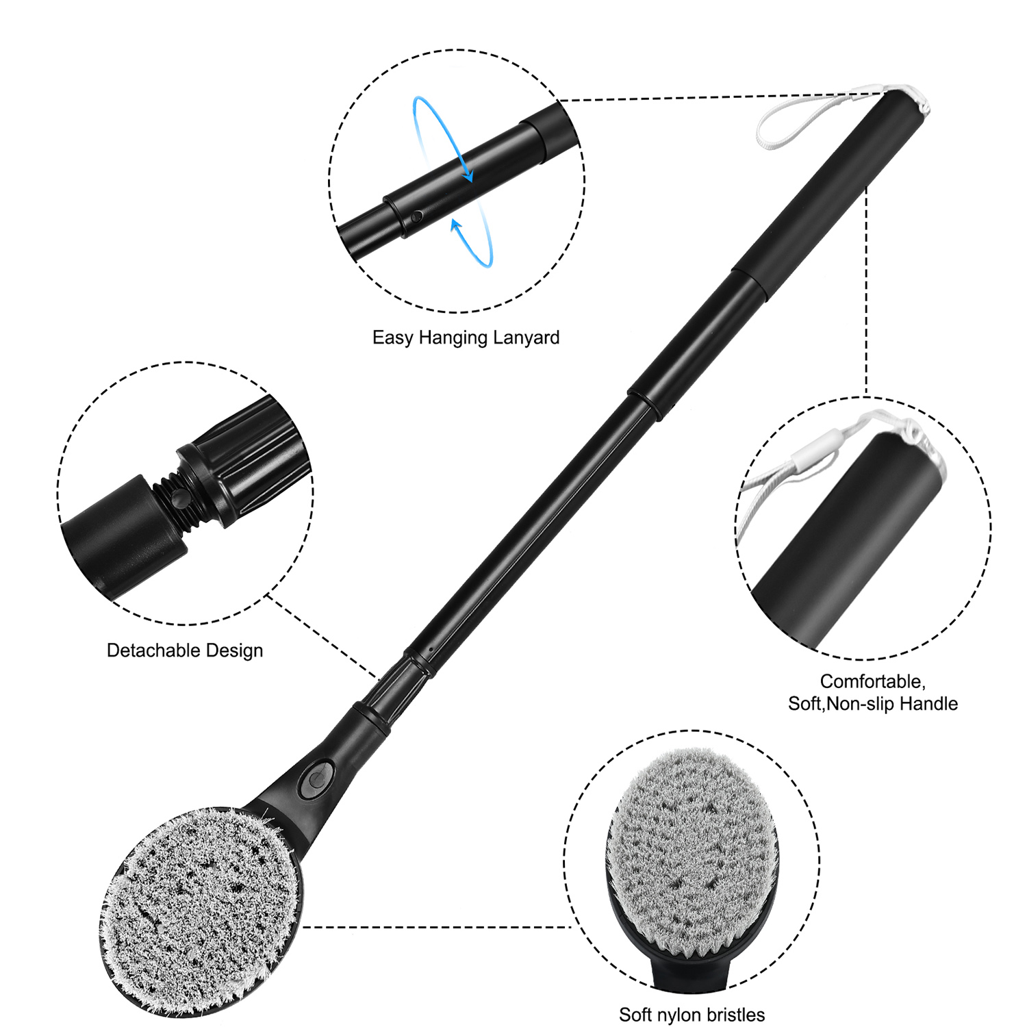 BTideas Retractable Back Brush, 25.7" Back Scrubber for Shower, Long Handle Back Bath Brush, Grey