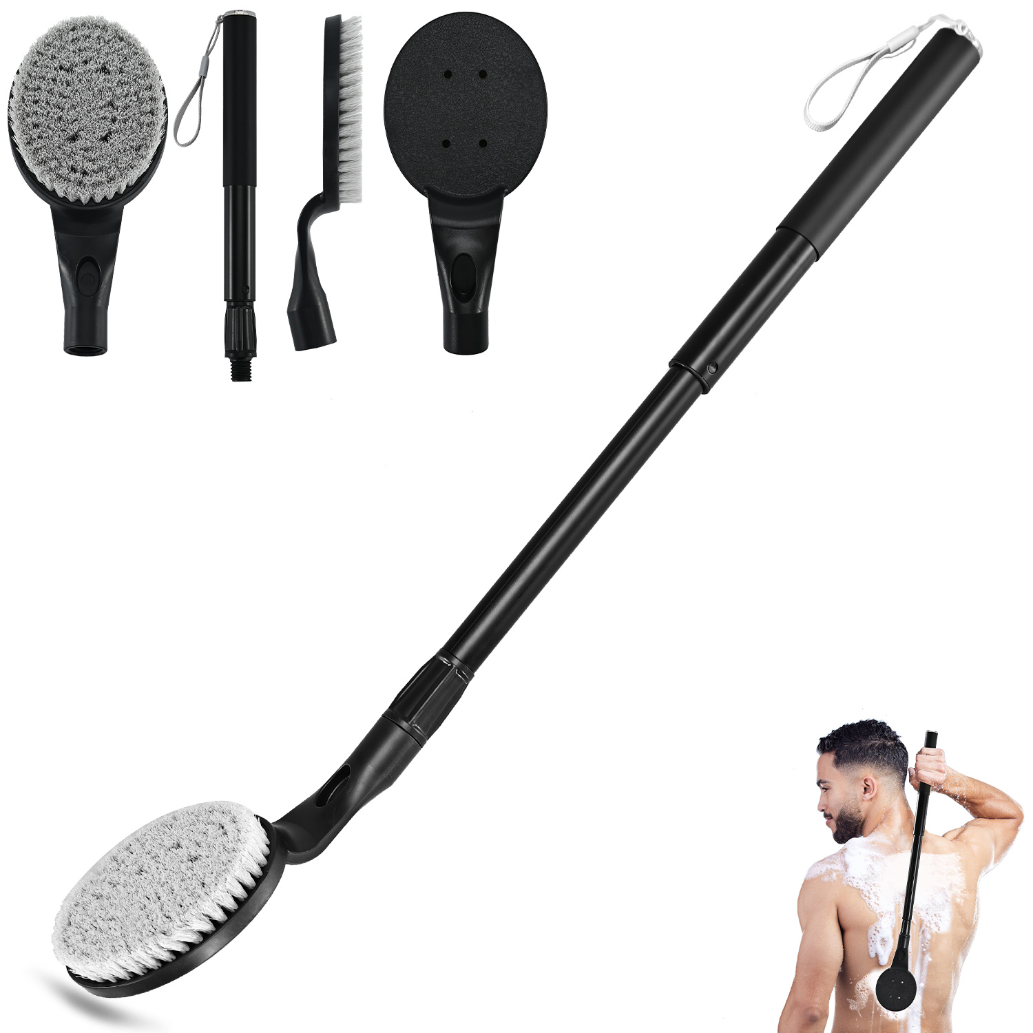 BTideas Retractable Back Brush, 25.7" Back Scrubber for Shower, Long Handle Back Bath Brush, Grey