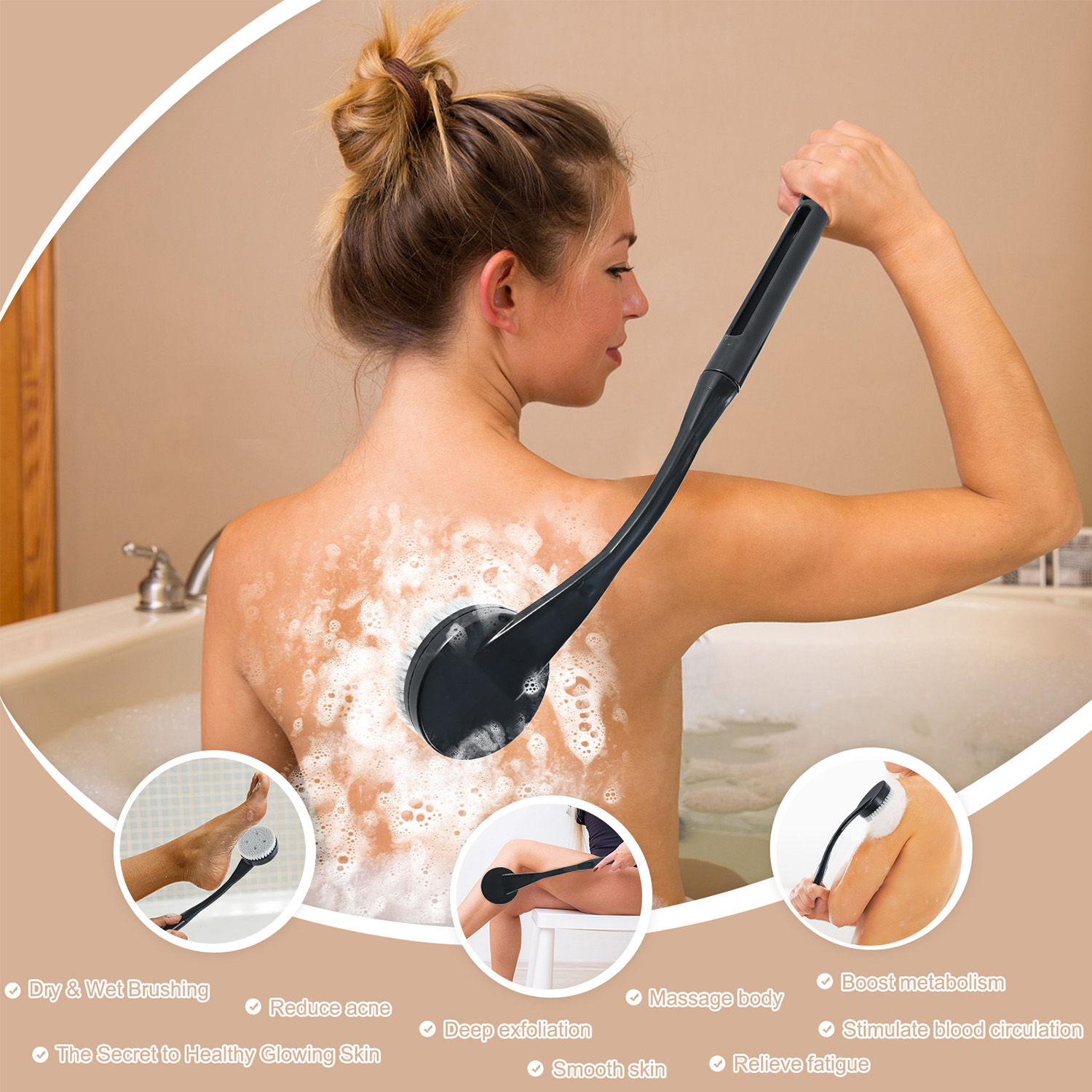 BTideas Back Scrubber for Shower, 20.5” Back Brush for Shower, Long Handled Bath Back Brush