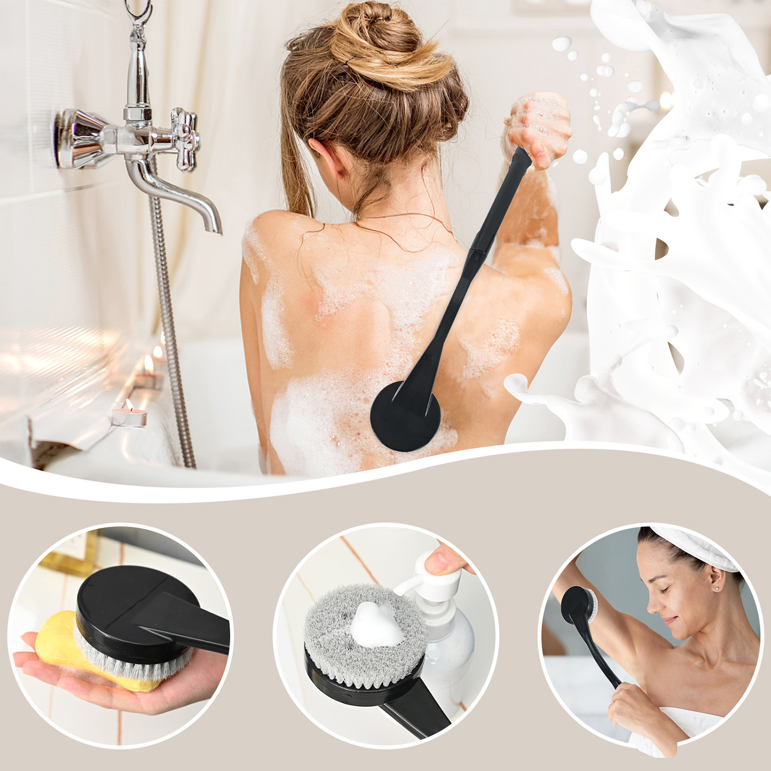 BTideas Back Scrubber for Shower, 20.5” Back Brush for Shower, Long Handled Bath Back Brush