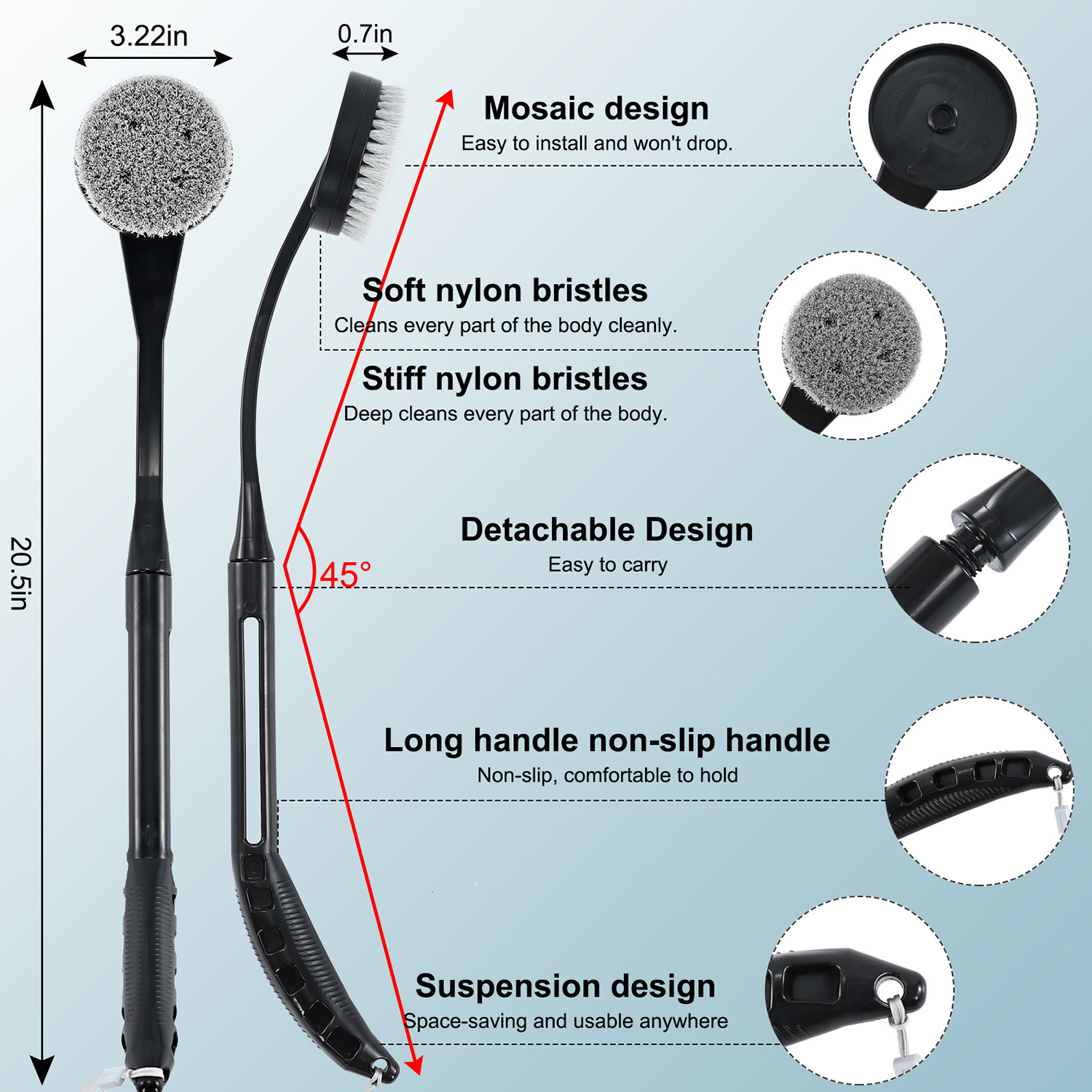 BTideas Back Scrubber for Shower, 20.5” Back Brush for Shower, Long Handled Bath Back Brush