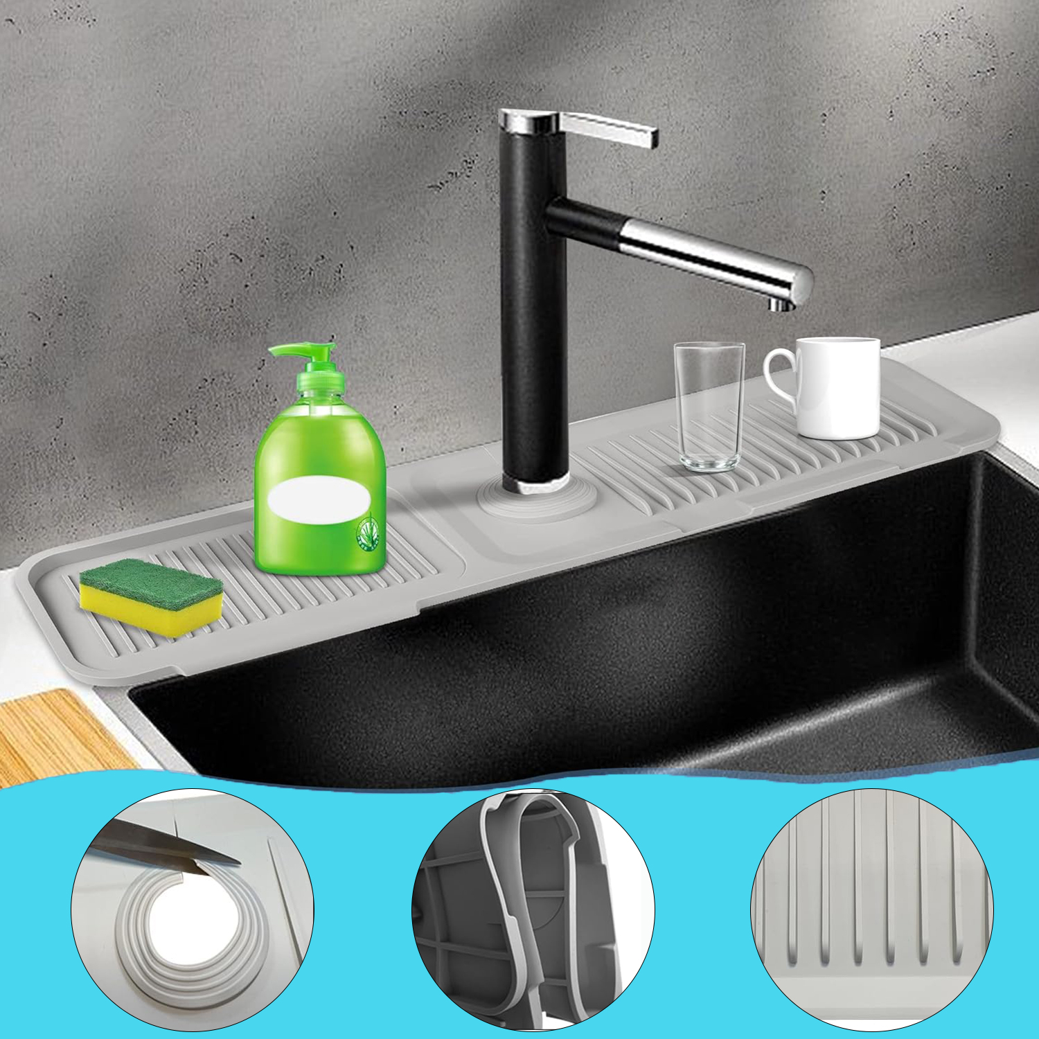 BTideas Kitchen Sink Splash Guard, Silicone Faucet Mat, 24" Kitchen Sink Organizer, Gray