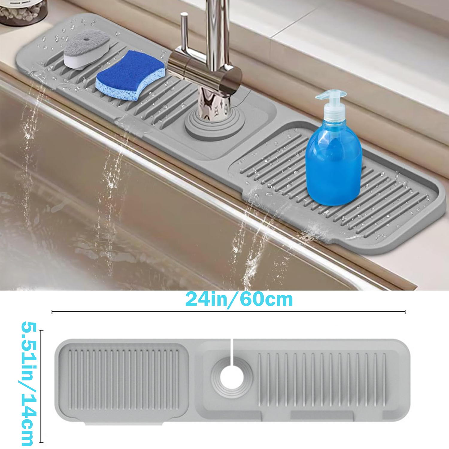 BTideas Kitchen Sink Splash Guard, Silicone Faucet Mat, 24" Kitchen Sink Organizer, Gray