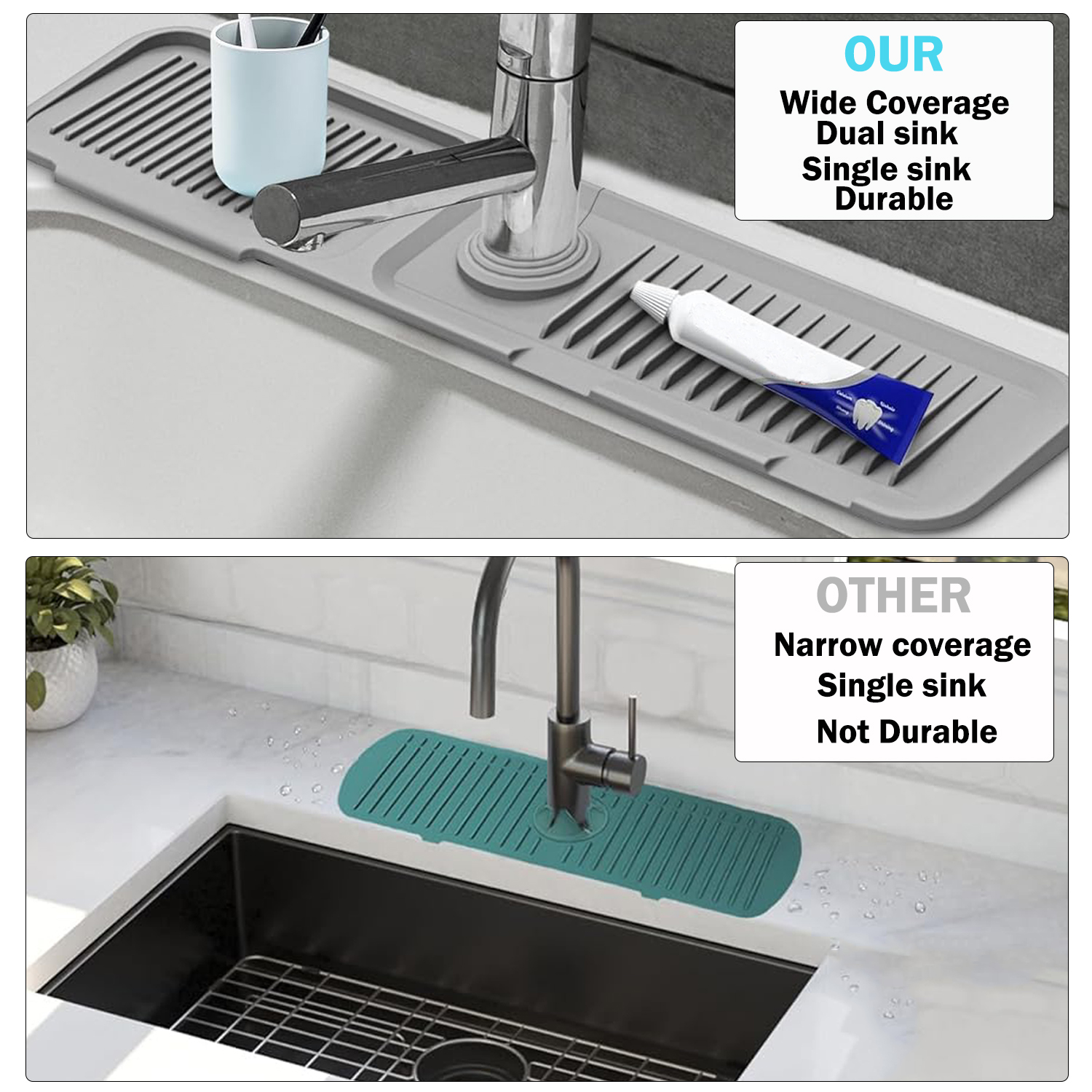 BTideas Kitchen Sink Splash Guard, Silicone Faucet Mat, 24" Kitchen Sink Organizer, Gray