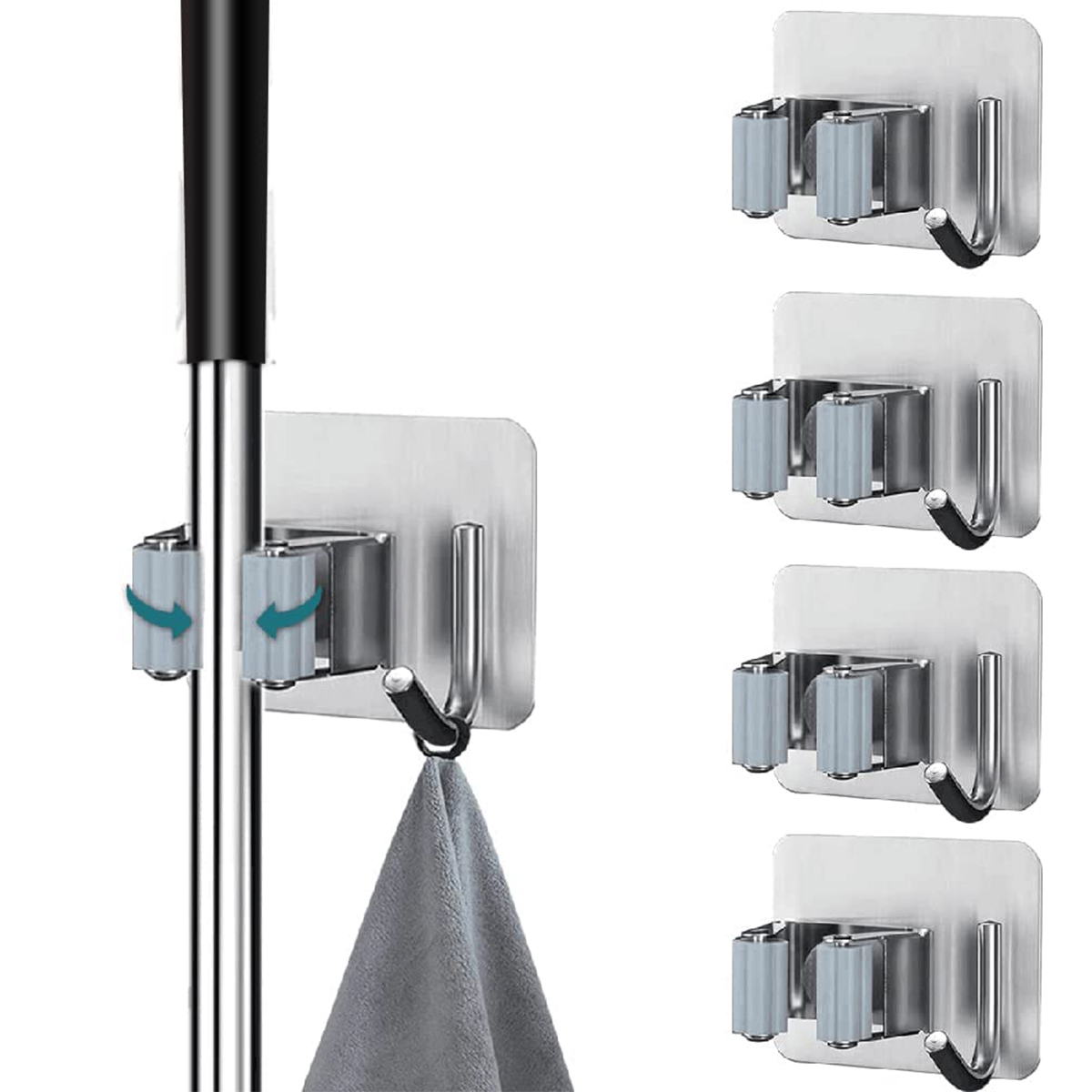 BTideas Broom Holder, 4pcs Stainless Steel Black Broom Organizer Wall Mount, Self Adhesive, Silver