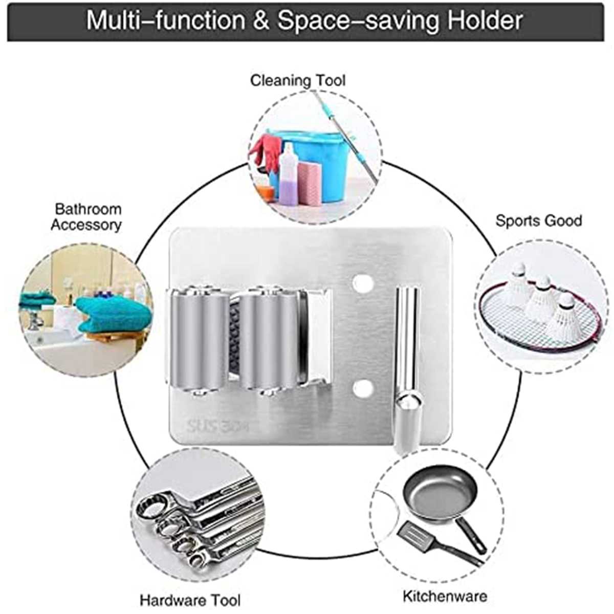 BTideas Broom Holder, 4pcs Stainless Steel Black Broom Organizer Wall Mount, Self Adhesive, Silver